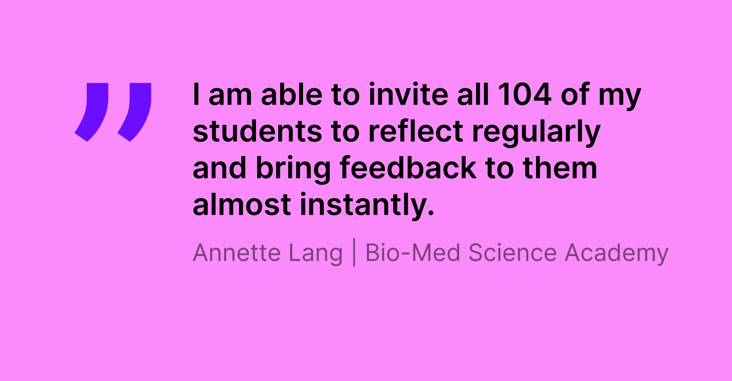 Image of a quote from Annette Lang about her student reflection process using Swivl Mirror that reads: "I am able to invite all 104 of my students to reflect regularly and bring feedback to them almost instantly."